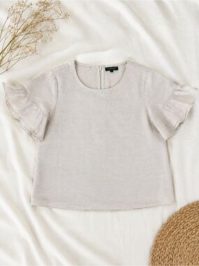 For Cynthia 100% Linen Ruffle Sleeve Blouse – Petite Medium